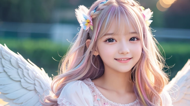 Angel,Lolita,10 years old,Smile,Short sleeve,race,smile,magical energy,healing,Sparkly Background,noon,summer,Light of the sun,Light background,cute,Princess,clear,happiness,Angelの羽根,Fairy Wings,Silky shiny hair,Glossy Skin,Long Hair,Fairyland,Soft light,a rainbow appears,dream,hope,Pop Art,pastel colour,Sparkling Eyes,fine,Non-Adult,High resolution,light peach-colored hair,Wavy Hair,Thin eyebrows,Fluffy Feathers