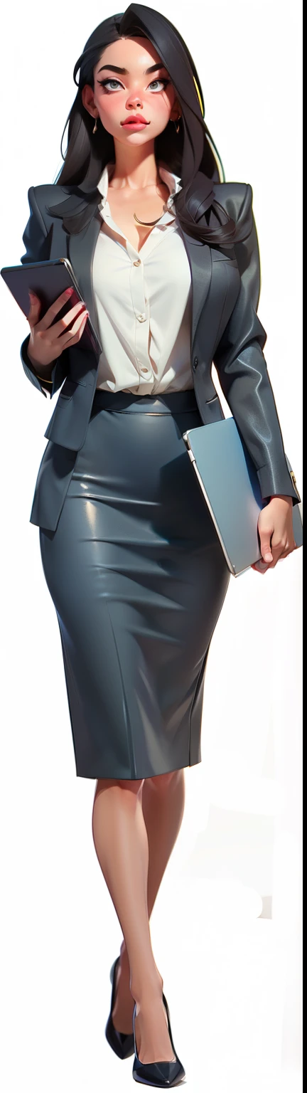 a close up of a woman in a skirt holding a laptop, office clothes, female in office dress, business clothes, business woman, woman in business suit, business outfit, wearing a business suit, wearing business suit, business attire, woman in black business suit, girl in suit, business suit, wearing skirt, girl in a suit, grey skirt