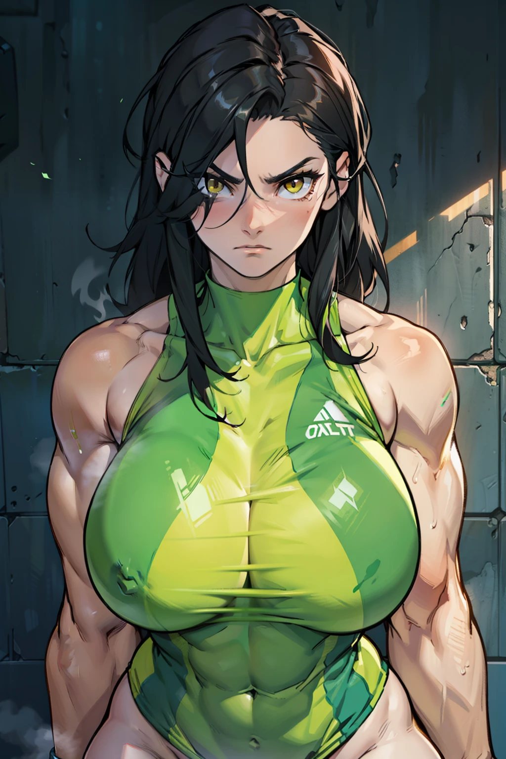 athletic build massive breasts pale skin black hair yellow eyes expressionless long hair dark atmosphere athletic build massive breasts athletic build massive breasts 