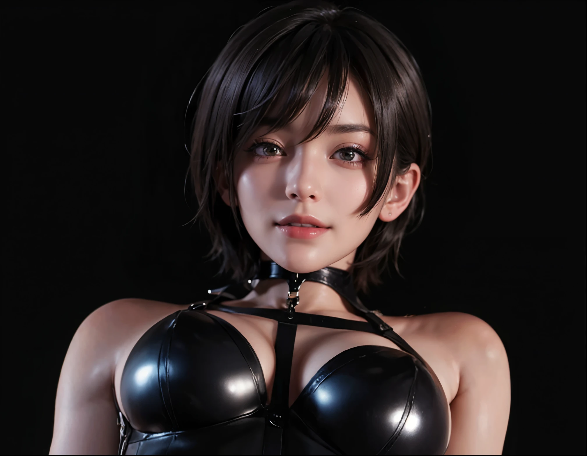 (masterpiece), (best quality), (ultra-detailed), (realistic, photo-realistic:1.2),1girl,beauty,collar,short hair,bondage,smile