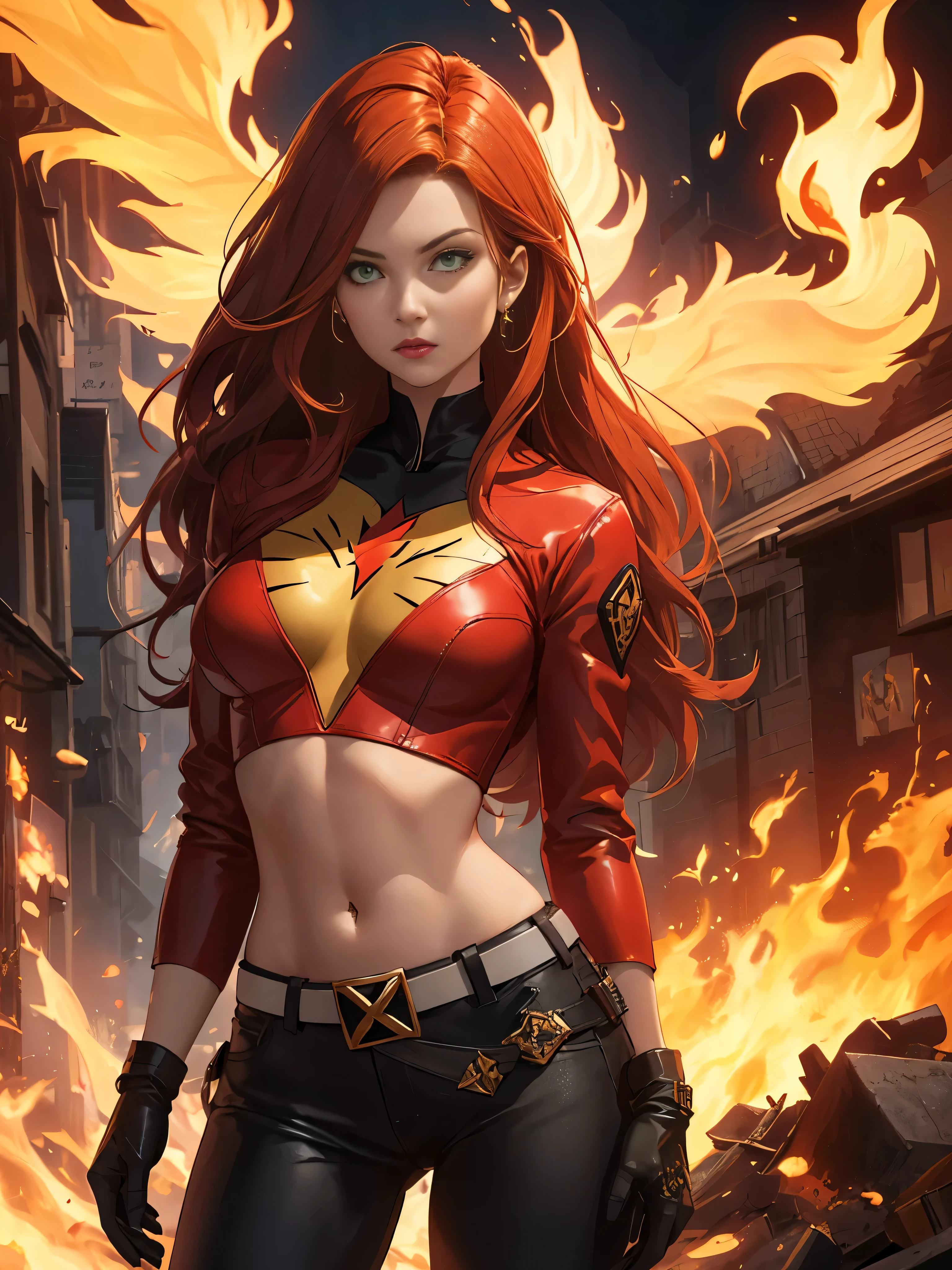 (Highly quality, masterpiece, detailed), burning city detailed scenario, burning city detailed background, jean-grey, belt, red leather crop top jacket, gloves, Phoenix symbol on chest, red leather pants, navel, perfect face, beautiful green eyes, looking at the viewer, Sexy pose