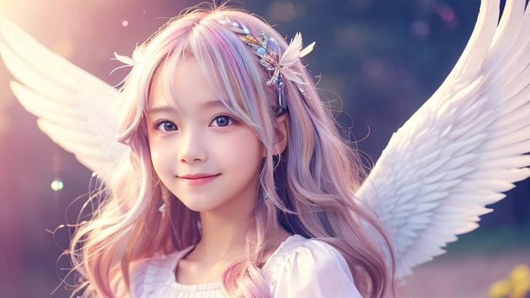 Angel,Lolita,,Smile,Short sleeve,race,smile,magical energy,healing,Sparkly Background,noon,summer,Light of the sun,Light background,cute,Princess,clear,happiness,Angelの羽根,Fairy Wings,Silky shiny hair,Glossy Skin,Long Hair,Fairyland,Soft light,a rainbow appears,dream,hope,Pop Art,pastel colour,Sparkling Eyes,fine,Non-Adult,High resolution,light peach-colored hair,Wavy Hair,Thin eyebrows,Fluffy Feathers