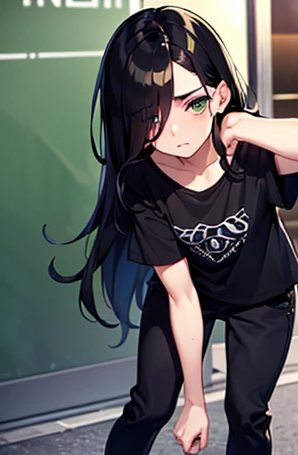tired face, bag under eyes, green eyes, messy wavy black hair, emo hair, side parted hair, hair over one eye, shoulder length hair, full body, tomboy, (masculine clothes), black cargo pants, baggy t-shirt, flat chested, androgynous, (fat), shy
