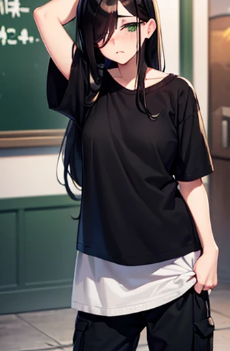 tired face, bag under eyes, green eyes, messy wavy black hair, emo hair, side parted hair, hair over one eye, shoulder length hair, full body, tomboy, (masculine clothes), black cargo pants, baggy t-shirt, flat chested, androgynous, (fat), shy