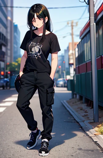 tired face, bag under eyes, green eyes, messy wavy black hair, emo hair, side parted hair, hair over one eye, shoulder length hair, full body, tomboy, (masculine clothes), black cargo pants, baggy t-shirt, flat chested, androgynous, (fat), shy