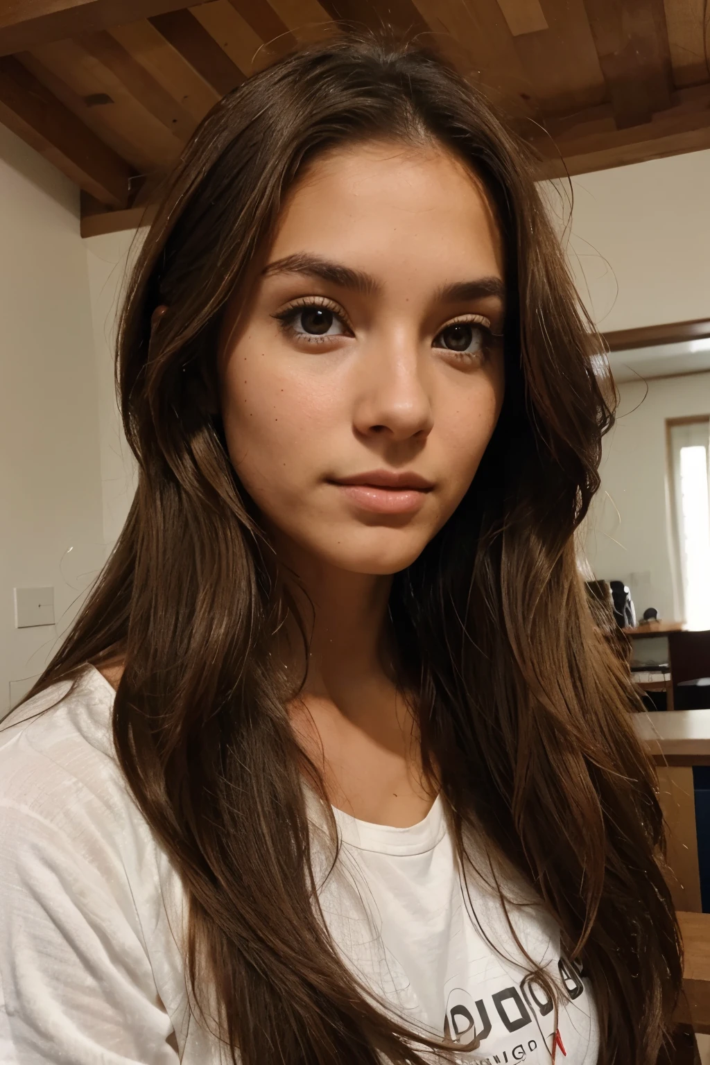 Beautiful tan skinned girl with long brown hair, foto tipo documento a la altura de los hombros, viendo de frente, con postura de frente