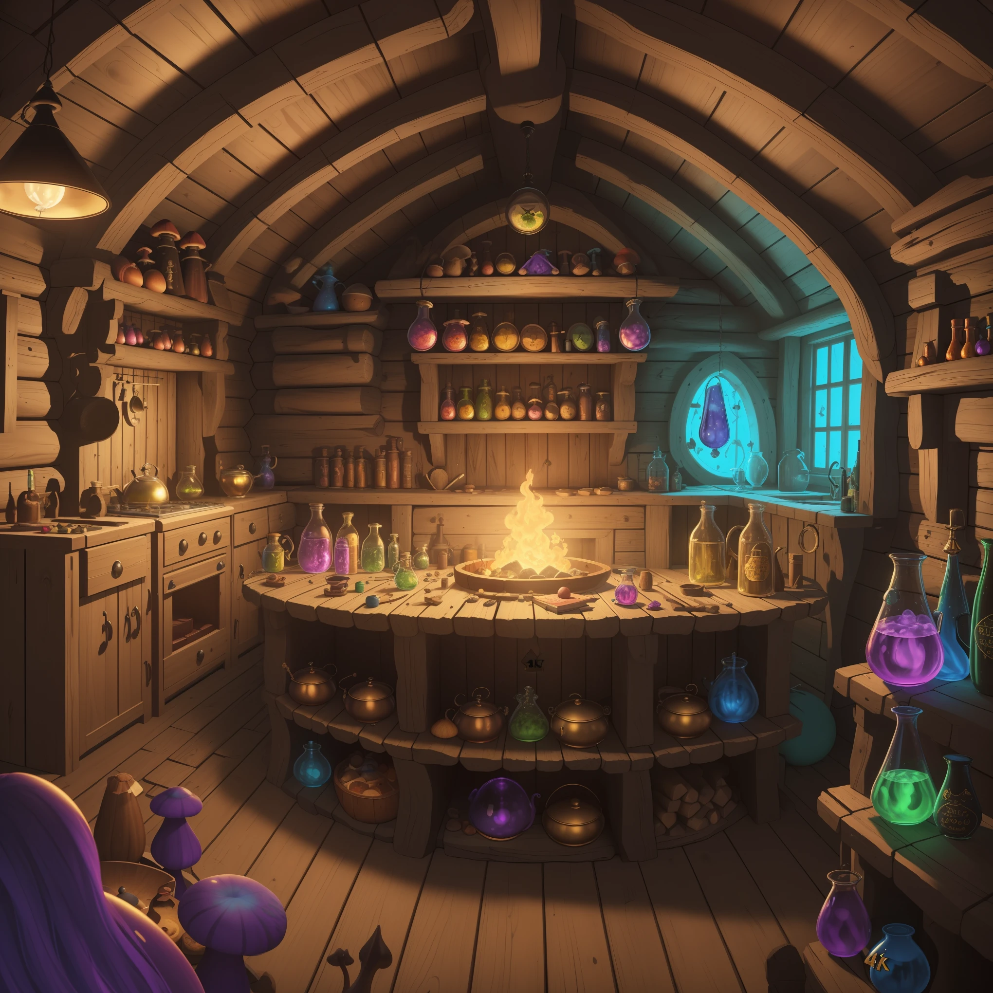 (best quality,4k,8k,highres,masterpiece:1.2),ultra-detailed, illustration, cartoony, colorful witches cabin scene, potion making station ,bubbling cauldron, books and potions, floating magic, magical mushrooms.