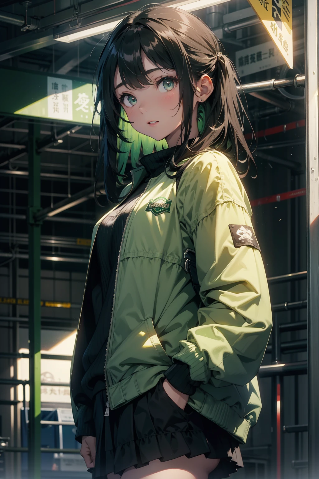 masterpiece、white backgrounid、18-year-old woman、Casual attire such as a black or green jacket、A dark-haired、waist-length hair、Character setting drawing
