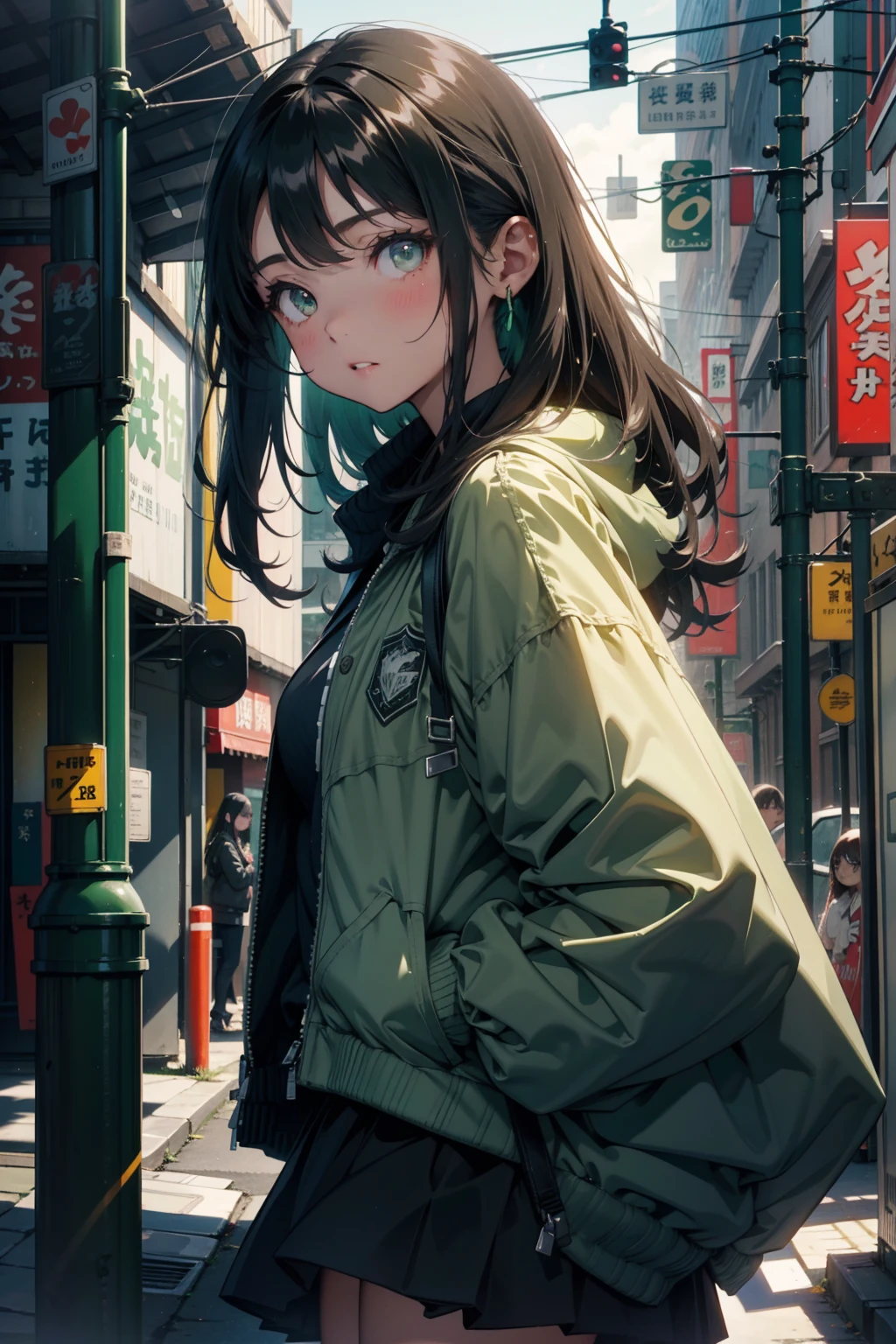 ​masterpiece、white backgrounid、18-year-old woman、Casual attire such as a black or green jacket、A dark-haired、waist-length hair、Character setting drawing