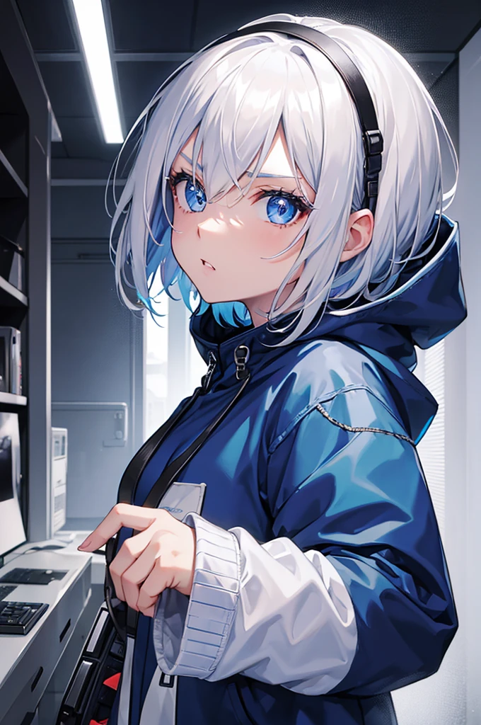 1girl, hoodie techwear, blue eyes, white hair, ultrasharp, short hair, 8k, looking at viewer, mean stare