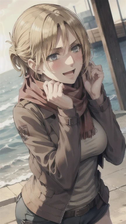 Annie Leonhart,Big Breasts,Red scarf,Black jacket,Black shorts,Blushing,Laughing,Seaside,Place both hands on cheeks,