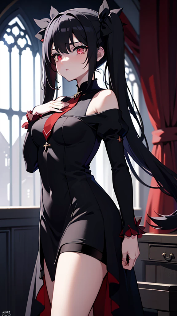 1 girl ,(big Stigmata) , ruined church, bloody rosary , (floating hair, floating skirt), ((blood sea)),from side, character focus, ((black light)),((dark lighting)), cinematic lighting ,(darkness), (concept art), ((rape face)) ,black long straight hair, black hair, pigtail hairstyles, long straight pigtails, hair ribbon , red eyes color, short black dress, tight black dress, absolute territory, thigh high socks, (glowing eyes), high resolution,(incredibly absurdres) ,extremely detailed CG unity 8k wallpaper, ((masterpiece)), ((top-quality)), (beautiful illustration), ((an extremely delicate and beautiful)), (masterpiece, Best quality, ultra high resolution), Black hair, pale skin, Black Crown, red eyes, Luminous_eyes, neon eyes, ultra detailed eyes, Beautiful and detailed face, detailed eyes, (Centered, torso), (tears), (wide shot:0.9), facing the viewer, Eye levell