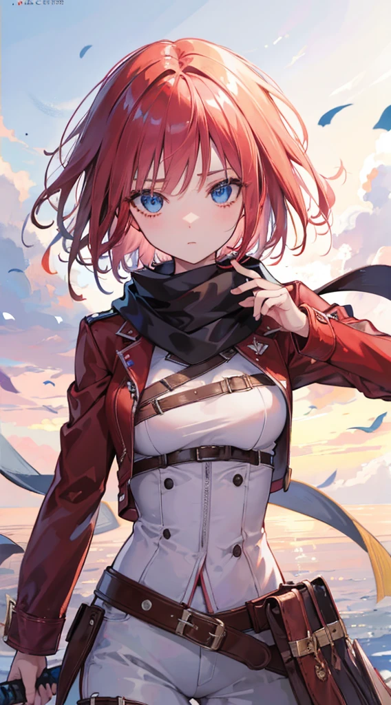 ninonakano, nino nakano, short hair, bangs, blue eyes, hair ornament, hair band, pink hair, blunt bangs, two sides up, butterfly hair ornament, (dressed as mikasa ackerman), scarf, emblem, belt, thigh strap, red bandana, white pants, brown jacket, long sleeves, weapon, sword, dual wielding, three-dimensional maneuvering equipment, fighting stance, sky,BREAK looking at viewer, BREAK (masterpiece: 1.2 ), best quality, high resolution, unity 8k wallpaper, (artwork: 0.8), (beautiful detailed eyes: 1.6), extremely detailed face, perfect lighting, extremely detailed CG (perfect hands, perfect anatomy),