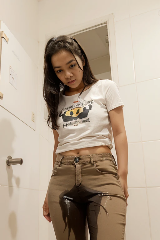 (pp clothes), from forehead, Indonesia school girl, desperately, peeing jeans, peeing accident, pee stain, pee puddle, can't hold any longer.
