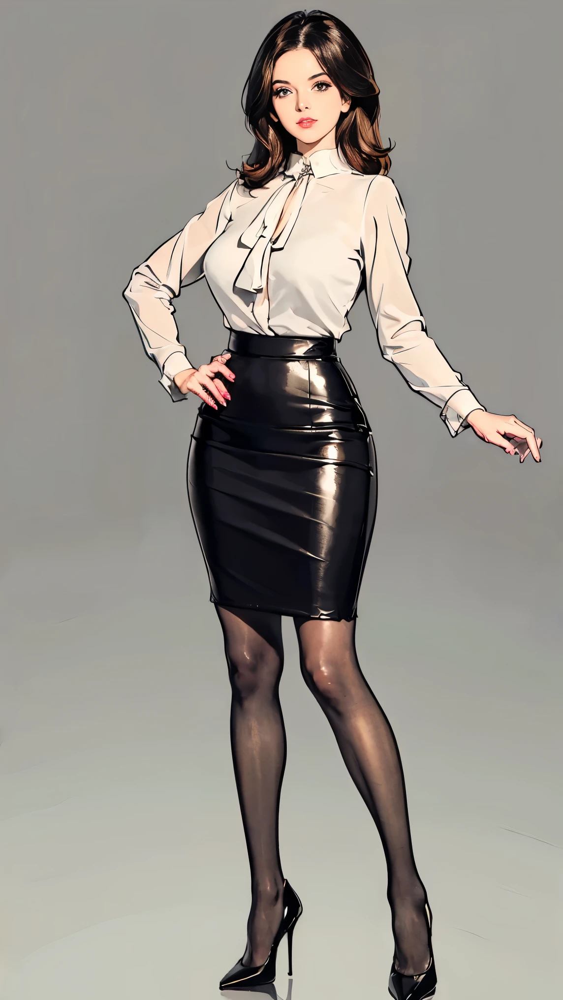((best quality,4k,highres,masterpiece:1.2)),((character concept art)), 1 female, 33-year-old university teacher, ((elegant, ethereal beauty, busty)), brunette hair, (fair skin colour), ultra finely detailed eyes (hazel eyes colour), hot, intelligent, educational enthusiast, slim body build, ((intricate detail)), super finely detailed hands, ultra finely detailed fingers(((ten fingers))), wearing outfit:((form-fitting blouse, very short pencil skirt, high heels, black stockings)), (standing professionally), (full body showcase), (show full body), (no logos on background), (no logo), ((plain background)), ((plain background)), (((empty background)))