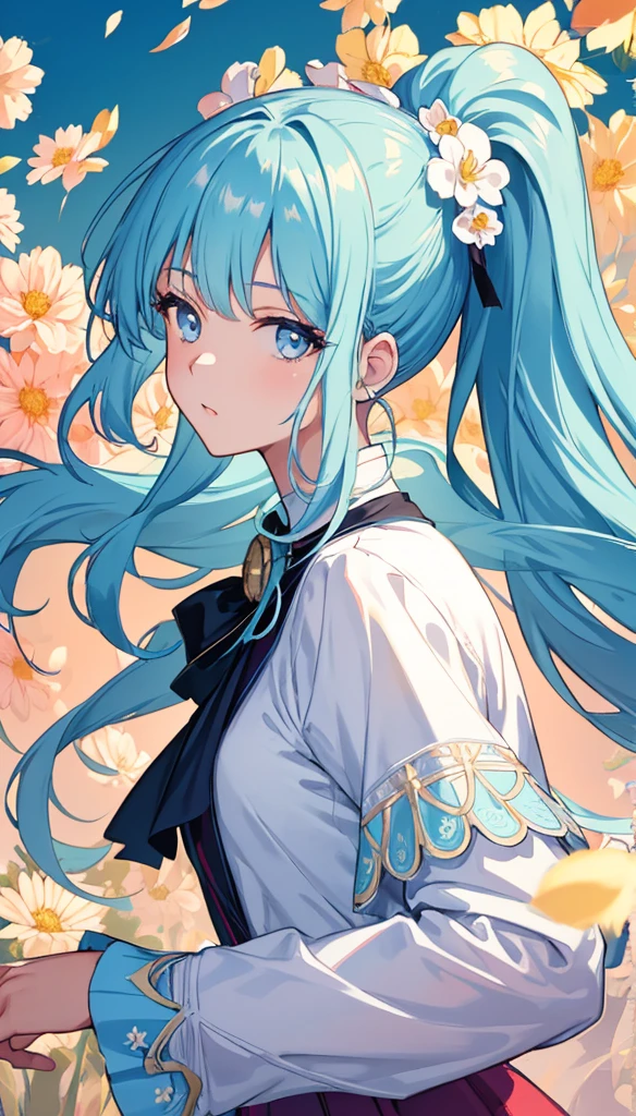 (masterpiece), (best quality), (ultra detailed),(disheveled hair),(illustration), (1girl), (Fashionable clothing), standing, Fashion model, looking at viewer, (interview), (simple background),beautiful detailed eyes, delicate beautiful face, Floating,(high saturation),(colorful splashes),colorful bubble,(shining), focus on face, ponytail, kamisato ayaka, light blue hair, bangs, hair ring, floating flowers, floating hairs, (shining), best lighting, best shadow,