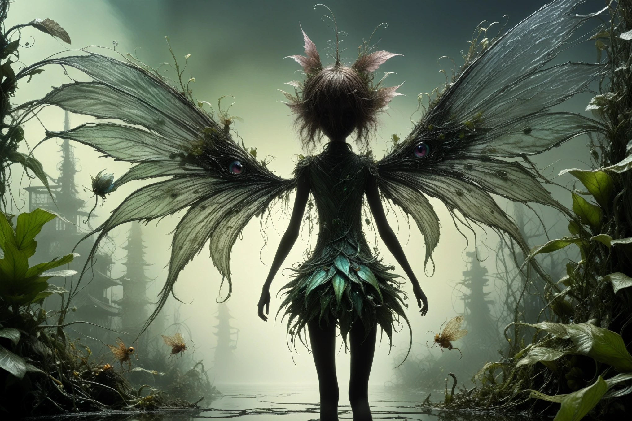a graphite copper plant girl made of dead plants,a girl made of plants of Silent Hill, atmosphere with backlit,forest city on background,chinesse pixie,A charming and fascinating creature with otherworldly forms that blend the best aspects of the monster human form and the innocent charm of a precocious , once pretty, wings, (best quality: 1.4), (masterpiece: 1.2), detailed, complex, high resolution, iridescent colors, texture, complex, gorgeous, 3D, highly detailed, (Professional photography, extremely detailed),Tim Burton, Dale Chihuly, Bruce Zheng, extremely detailed, high detailed eyes,8k resolution,RAW,retina, Nikon Z9,Nicola Samori, Sergey Zabelin,Aerith Gainsborough