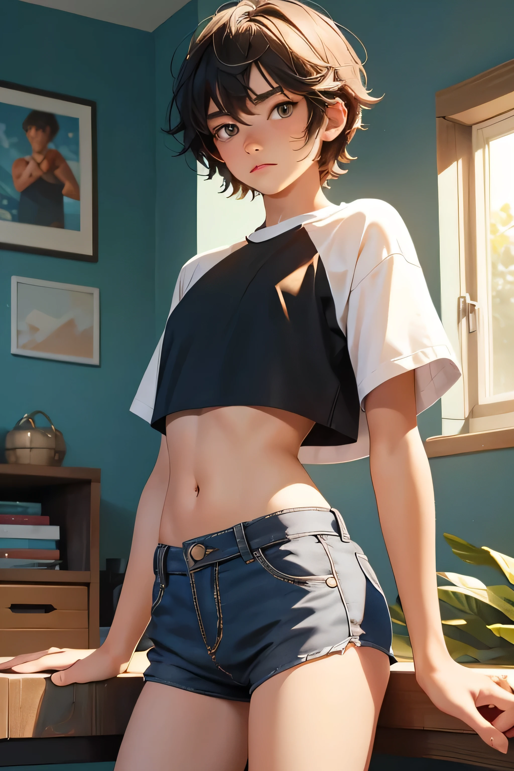 boy 14 yy wears a crop shirt and too very short mini shorts, beautiful legs, hot summer, highest quality,