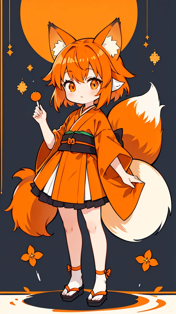 small girl, has short orange hair, has fox ears (((orange fox ears))) (((no human ears))) she has 2 fox tails (((only 2 orange tails)) ) she wears a white kimono with orange details.