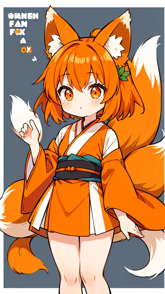 small girl, has short orange hair, has fox ears (((orange fox ears))) (((no human ears))) she has 2 fox tails (((only 2 orange tails)) ) she wears a white kimono with orange details.