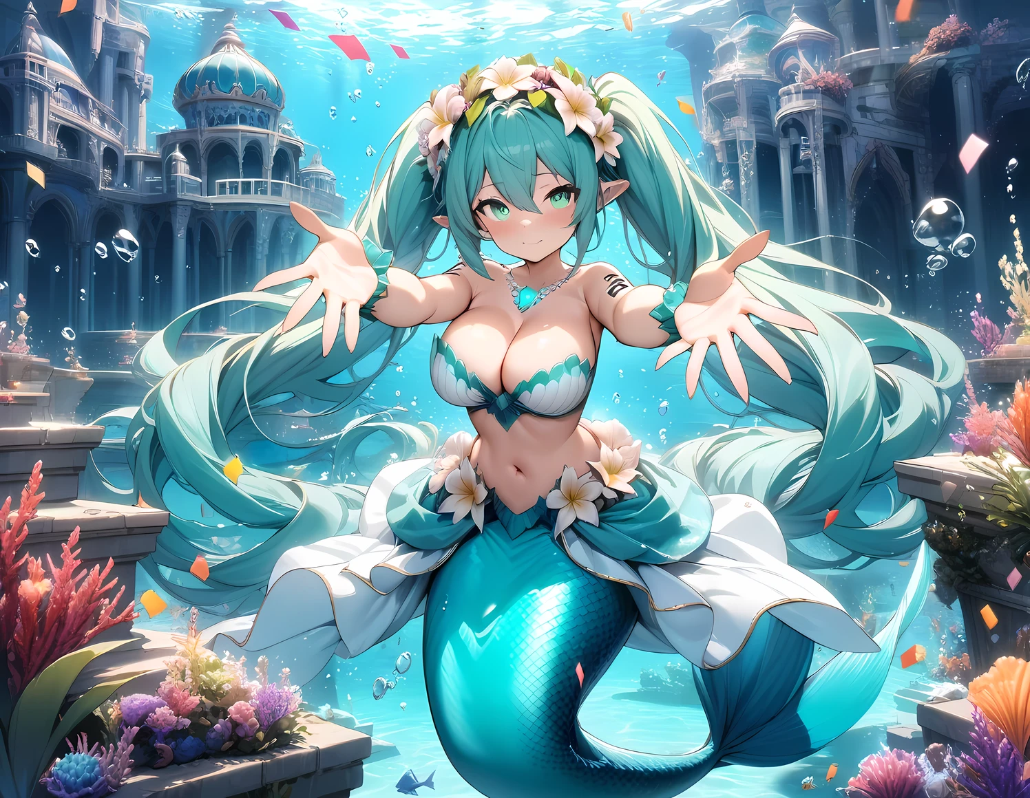 (masterpiece), best quality, expressive eyes, perfect face,hatsune miku,1girl,big breasts,[cleavage],mermaid,navel,shell necklace,light green scales,underwater palace,confetti,outstretched hands to viewer,full body shot,spoken heart ,glowing eyes,flower hairbands,pointy ears