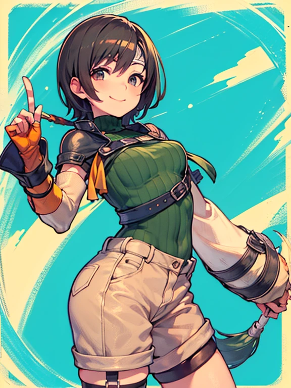 yuffiekisaragi, Yuffie Kisaragi,Cortes de pelo, corte duendecillo,
romper la parte superior de la cosecha, fingerless guantes, red de pesca muslos, red de pesca, protector de frente, guantes, banda para la cabeza, Ombligo, short bermudas, bermudas, single sleeve, solo muslo alto, Sin manga, Sin manga turtleneck, muslos, turtleneck,
Banco、cielo azul、sonrisa, solo