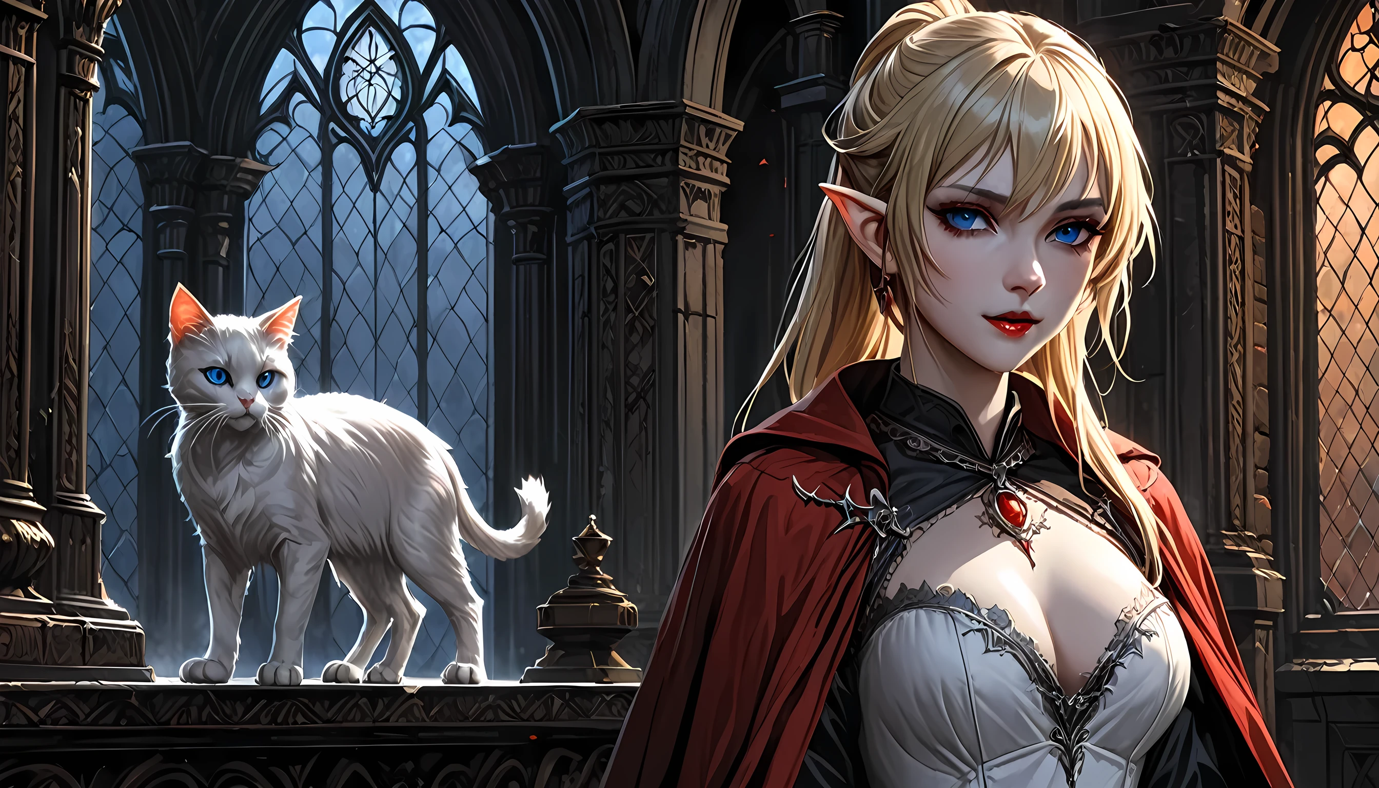 arafed a picture of elf vampire in her castle and her pet epic cat an exquisite beautiful female elf vampire (ultra details, Masterpiece, best quality), bloody mouth blond hair, pale skin, hair in a ponytail, long hair, blue eyes, cold eyes, smirking, wearing white dress (ultra details, Masterpiece, best quality), red cloak, in dark fantasy library, with an big cat (ultra details, Masterpiece, best quality: 1.5) book shelves, arafed high details, best quality, 16k, [ultra detailed], masterpiece, best quality, (ultra detailed), full body, ultra wide shot, photorealism, RAW, dark fantasy art, gothic art, ArmoredDress, Dark Novel, Dark Art Painting Style