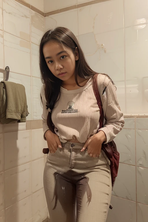(pp clothes), from forehead, Indonesia school girl, desperately, peeing jeans, peeing accident, pee stain, pee puddle, can't hold any longer.