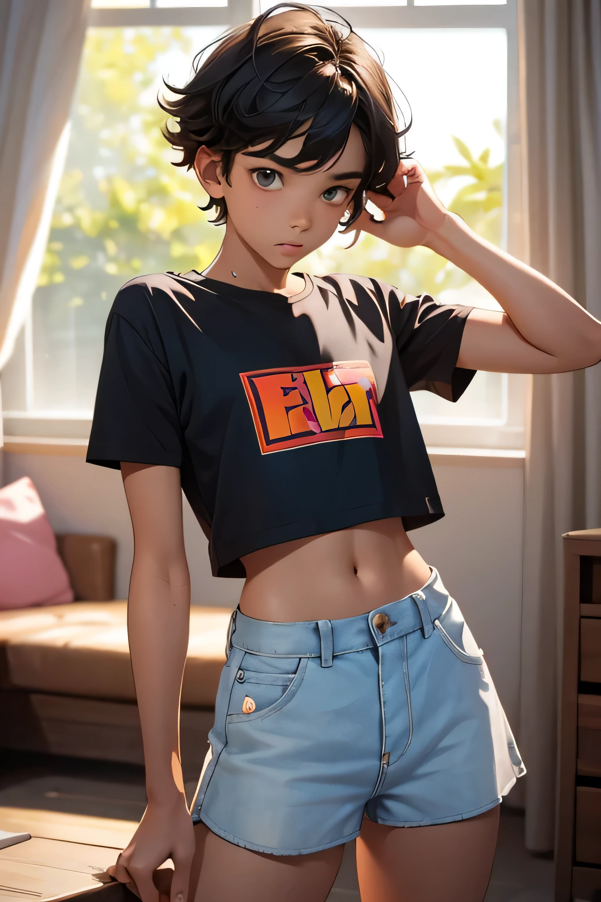  boy 14 yy wears a crop shirt and too very short mini shorts, beautiful legs, hot summer, highest quality,
