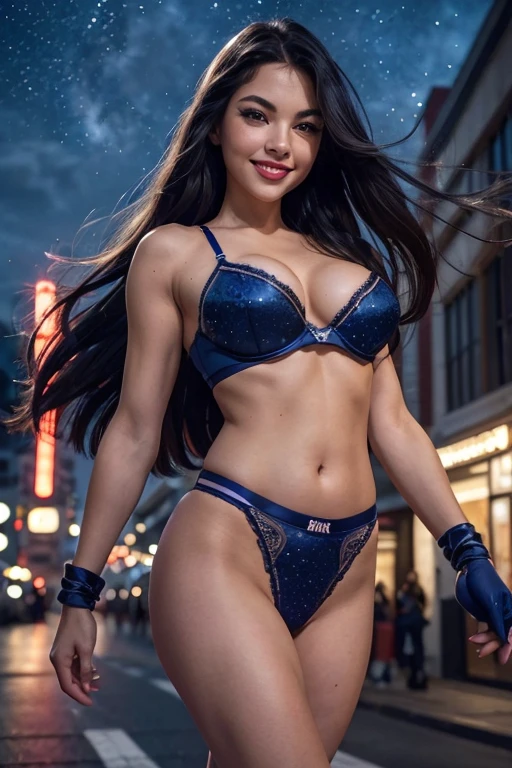 Cheerleader,wearing lingerie sexy cute woman, (katana in hand:1.1), big smile, expressive, simple nightscape, confident smile, better quality, blue eyes, glowing eyes, (long eyelashes:1.1), sharp eyes, ultra long hair, ultra detailed hair, ultra detailed hair strands, catwalk, walking down the streets, 8night, starry Sky, ultra detailed lips, Red lips, 