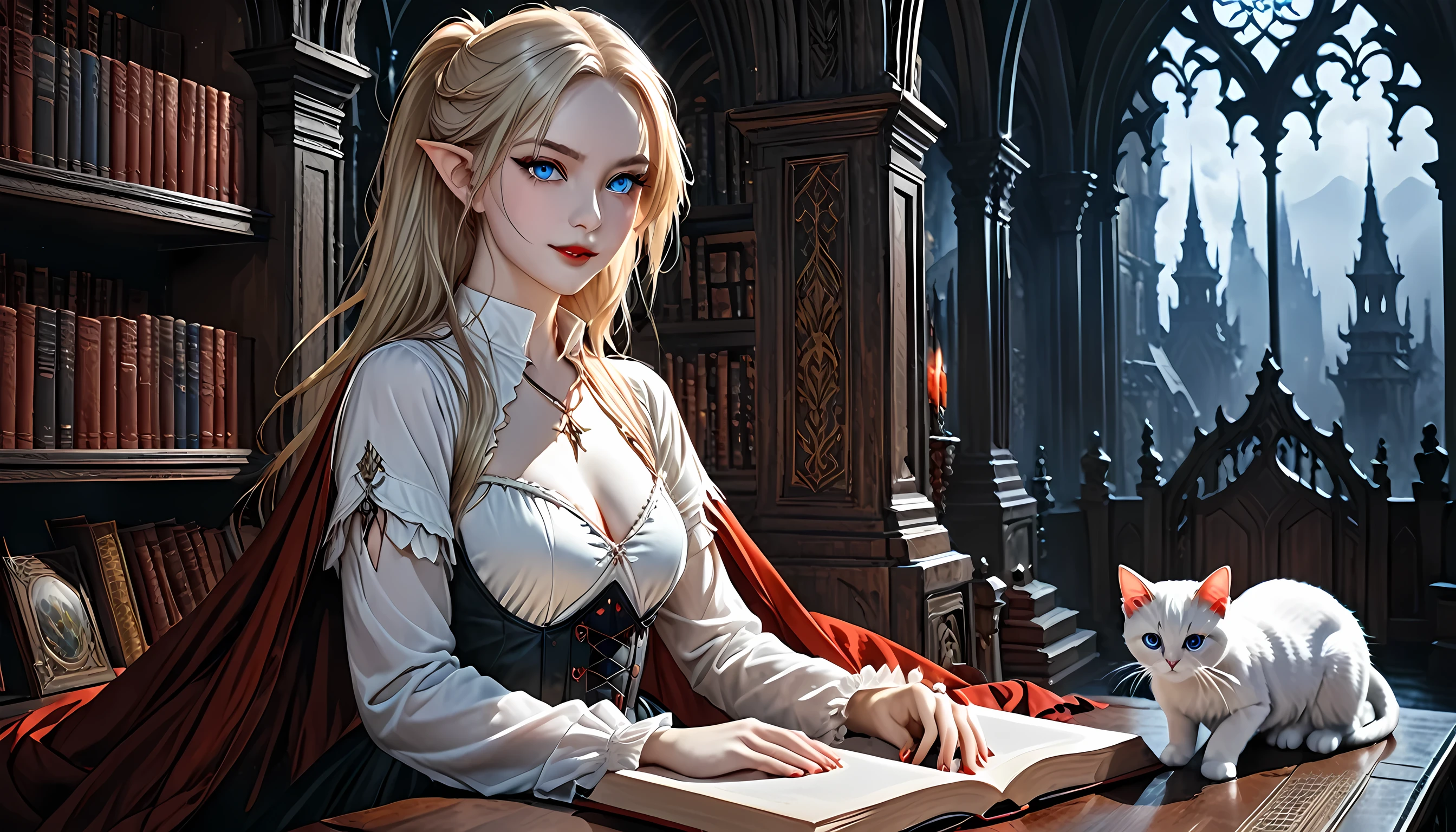 arafed a picture of elf vampire in her castle and her pet epic cat an exquisite beautiful female elf vampire (ultra details, Masterpiece, best quality), bloody mouth blond hair, pale skin, hair in a ponytail, long hair, blue eyes, cold eyes, smirking, wearing white dress (ultra details, Masterpiece, best quality), red cloak, in dark fantasy library, with an big cat (ultra details, Masterpiece, best quality: 1.5) book shelves, arafed high details, best quality, 16k, [ultra detailed], masterpiece, best quality, (ultra detailed), full body, ultra wide shot, photorealism, RAW, dark fantasy art, gothic art, ArmoredDress, Dark Novel, Dark Art Painting Style