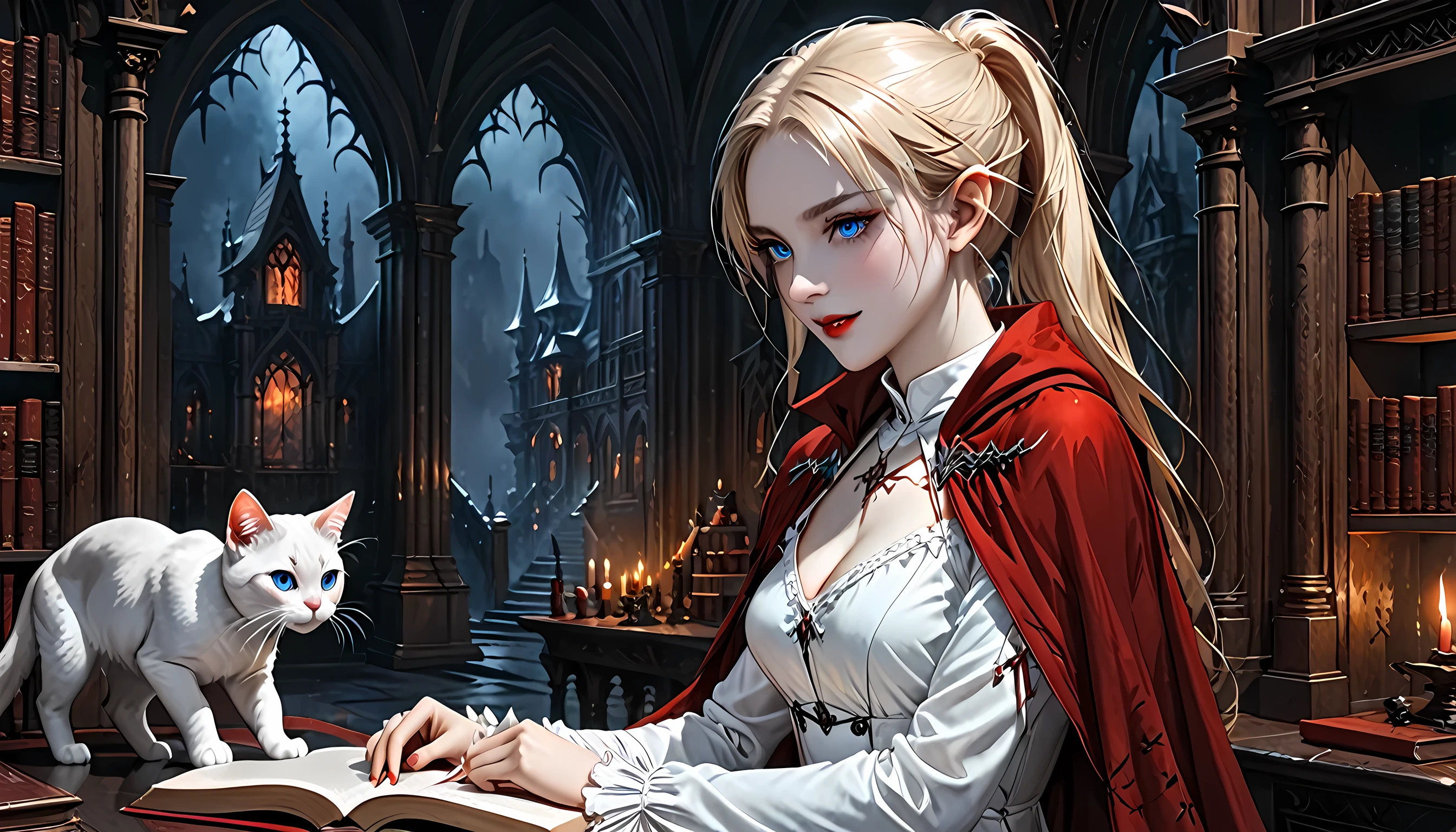 arafed a picture of elf vampire in her castle and her pet epic cat an exquisite beautiful female elf vampire (ultra details, Masterpiece, best quality), bloody mouth blond hair, pale skin, hair in a ponytail, long hair, blue eyes, cold eyes, smirking, wearing white dress (ultra details, Masterpiece, best quality), red cloak, in dark fantasy library, with an big cat (ultra details, Masterpiece, best quality: 1.5) book shelves, arafed high details, best quality, 16k, [ultra detailed], masterpiece, best quality, (ultra detailed), full body, ultra wide shot, photorealism, RAW, dark fantasy art, gothic art, ArmoredDress, Dark Novel, Dark Art Painting Style