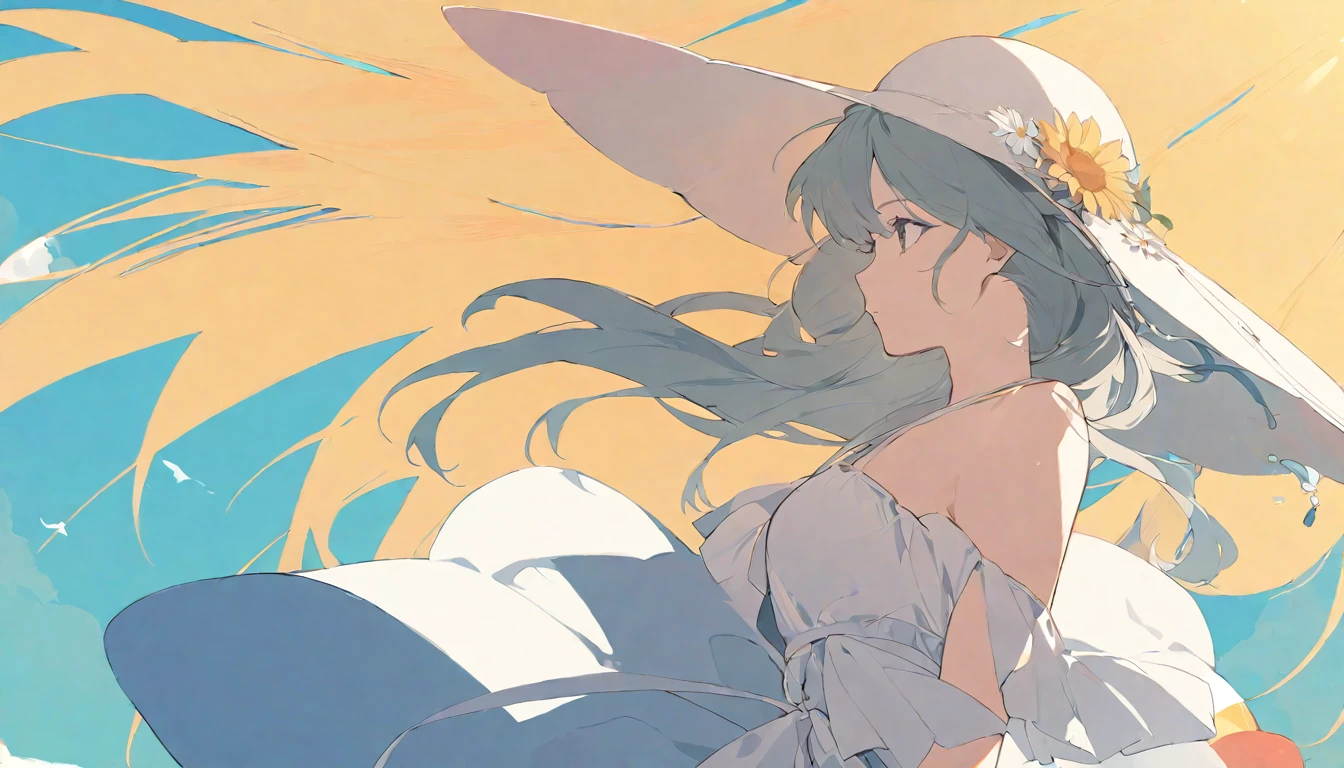 A girl holding a parasol and gazing into the distance Summer illustration