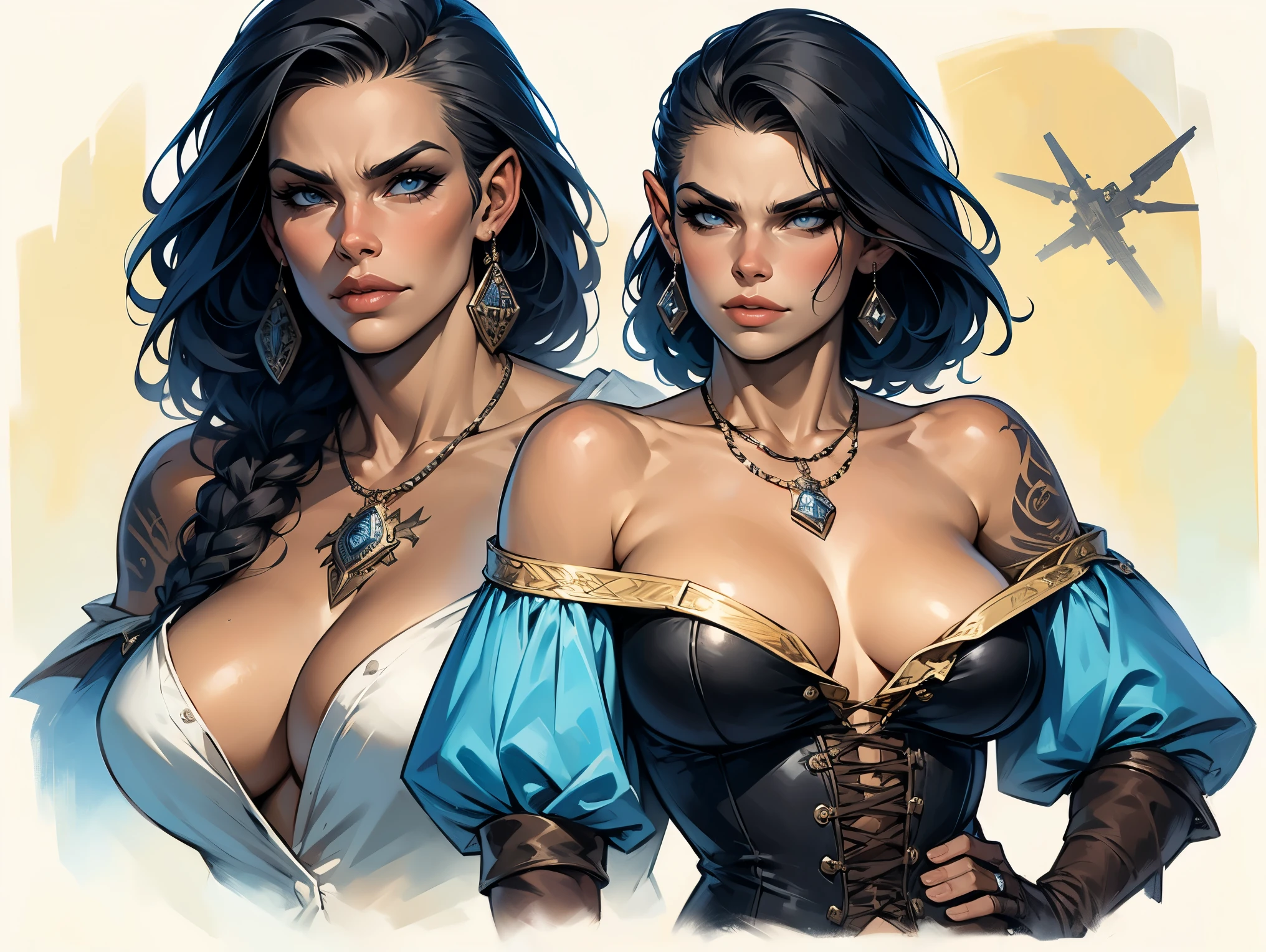 a female pirate from the early 18th century in ragged off-the-shoulder clothes, a treasure map depicting a route ending at an x-sign is tattooed on her back, she has short hair, Dungeons and Dragons 5th edition style illustration, cinematic, fantasy painting, highly detailed, black outlining, full color illustration, in the style of BORIS VALLEJO & JULIE BELL