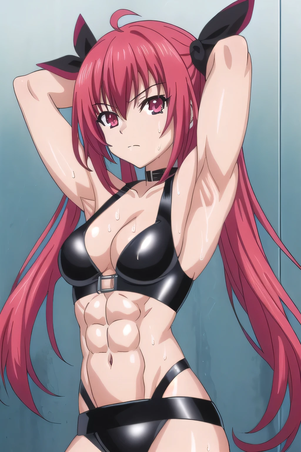 score_9, score_8_up, score_7_up, source_anime, 1girl, solo, 1girl, solo, long hair, looking at viewer, red eyes, red hair,
, indoors, arms behind head, (pixel-perfect, detail-perfect))), solo, 1girl, black latex, BDSM clothes, Bondage, string, misstress, tight thights, solo, cowboy shot, spread arms, arms up, closed mouth, looking at viewer, detail, sweated A lot, warm body, armpit detail, angry face, spread armpit , all Body , focus armpitt, slim, armpit crease , midrifft , navel, cleavage, Belly, Collarbone , stomatch, stand, sweated A lot armpit , ABS, 4 pack, muscular, in prison, black latex, muscular leg, muscular arms, wet body , short latex