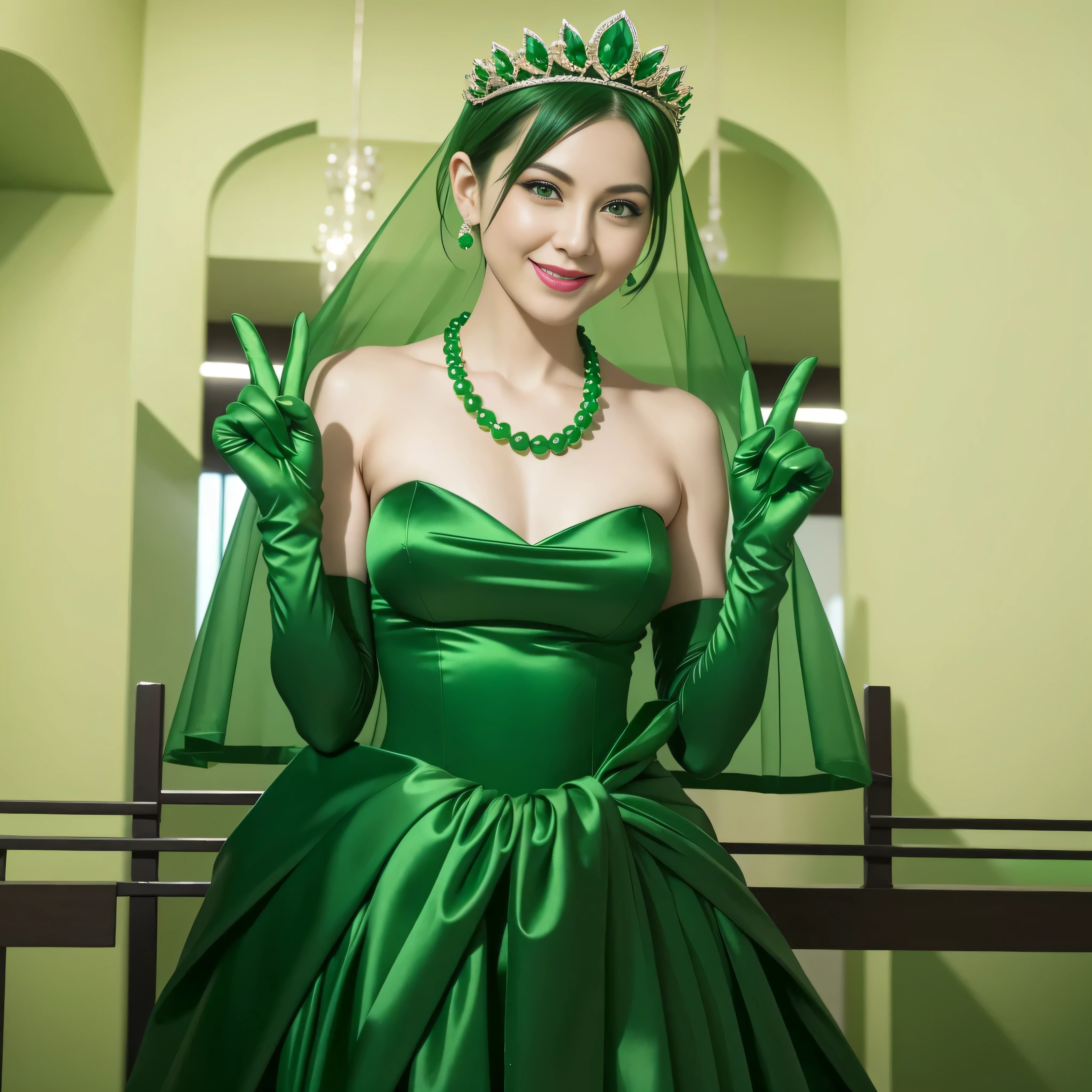 Emerald tiara, Green Pearl Necklace, Boyish very short green hair, lipstick, Woman in her 30s Japan smiling, Very short hair, Big and beautiful, Green Eyes, Long green satin gloves, Big Breasts, V sign, Emerald Earrings, Green veil
