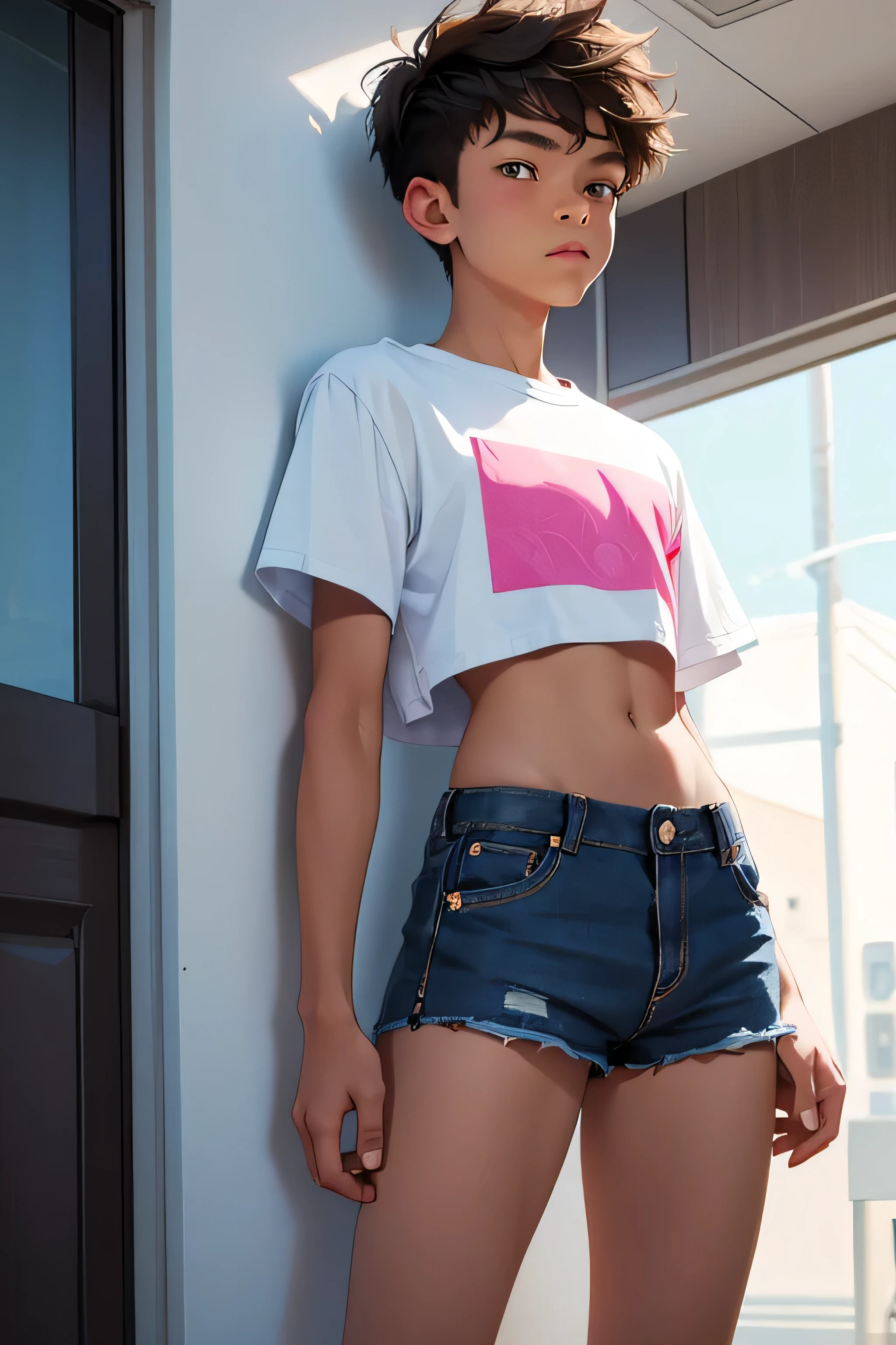 , boy wears a crop shirt and too very short mini shorts, beautiful legs, hot summer, highest quality,