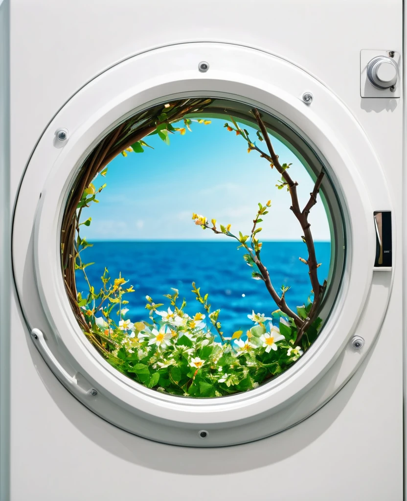 washing machine with branches leaves and flowers inside the porthole