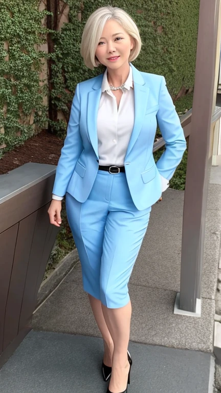 One 50 year old white mature woman、Standing full body photo、
Gorgeous blonde hairstyle、Wearing a blue suit、She's wearing a pencil skirt and high heels、Large breasts are sagging