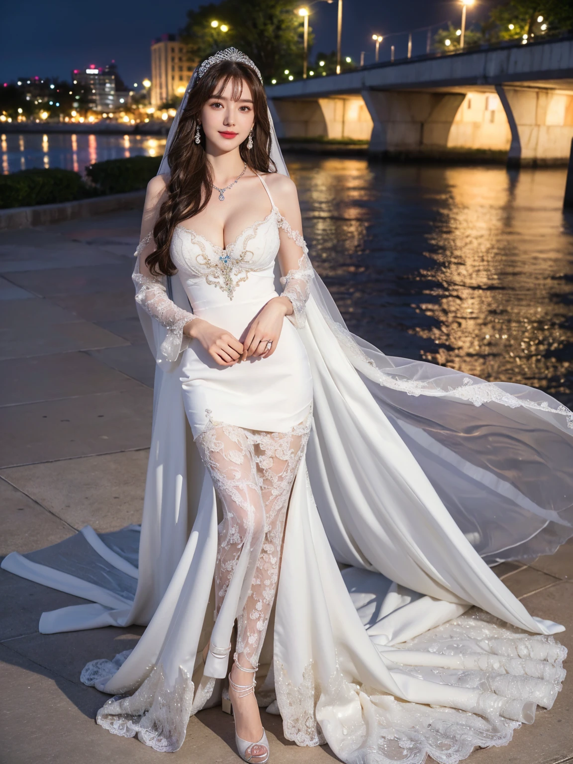 (Canon RF85mm f/1.2), (8k, RAW photos, best quality, masterpiece), (realistic, photograph realistic), masterpiece, best quality, High detail, Best image quality, super detailed, high resolution, Very detailed, Best quality, Extreme detail description, hyperdetailed painting, (An extremely delicate and beautiful work), ((standing)), Beautiful detailed girl, Very detailed eyes and face, (Beautiful detailed eyes, masterpiece, fair skin, hazy beauty, very detailed facial, detailed skin structure, perfect anatomy, ((perfect figure)), Beautiful detailed whole body, delicate face, exquisite body, fine collar bone, lovely lips, Behind the softness, adorable, ((slim waist)), (big breasts, Bulging breasts, crisp breasts), ((cleavage)), (smile:1.2), (seductive look, soulful eyes, clear eyes), (bangs hair), ((Enchanted expression)), (charming appearance), ((An extremely detailed and elegant wedding colorful dress:1.3)), ((white soft coat)), (head gear, necklace, earrings), ((view over city)), ((midnight:1.2)), physically-based rendering, (((full body:1.3))), ((looking at viewer:1.3)), ((standing))