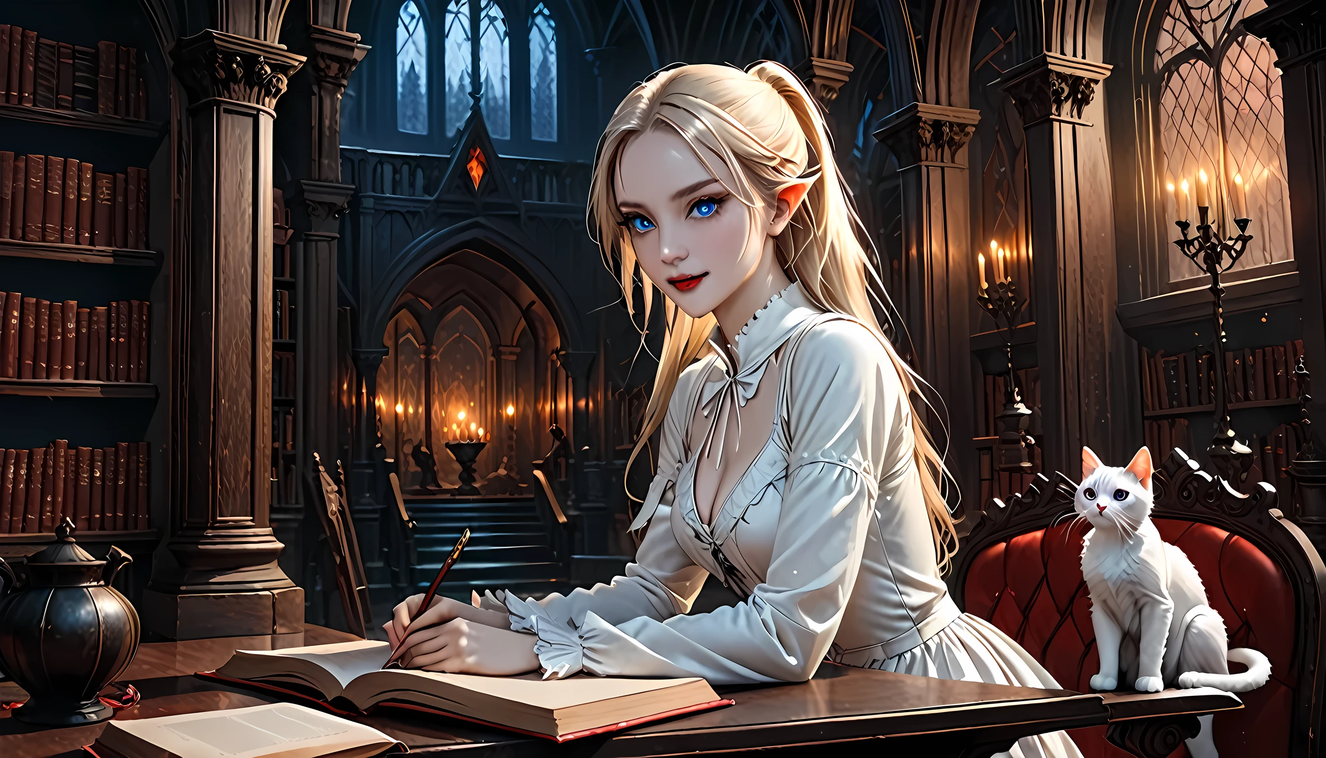 arafed a picture of elf vampire in her castle and her pet epic cat an exquisite beautiful female elf vampire (ultra details, Masterpiece, best quality), bloody mouth blond hair, pale skin, hair in a ponytail, long hair, blue eyes, cold eyes, smirking, wearing white dress (ultra details, Masterpiece, best quality), red cloak, in dark fantasy library, with an ((big cat: 1.3)) (ultra details, Masterpiece, best quality: 1.5) book shelves, arafed high details, best quality, 16k, [ultra detailed], masterpiece, best quality, (ultra detailed), full body, ultra wide shot, photorealism, RAW, dark fantasy art, gothic art, ArmoredDress, Dark Novel, Dark Art Painting Style