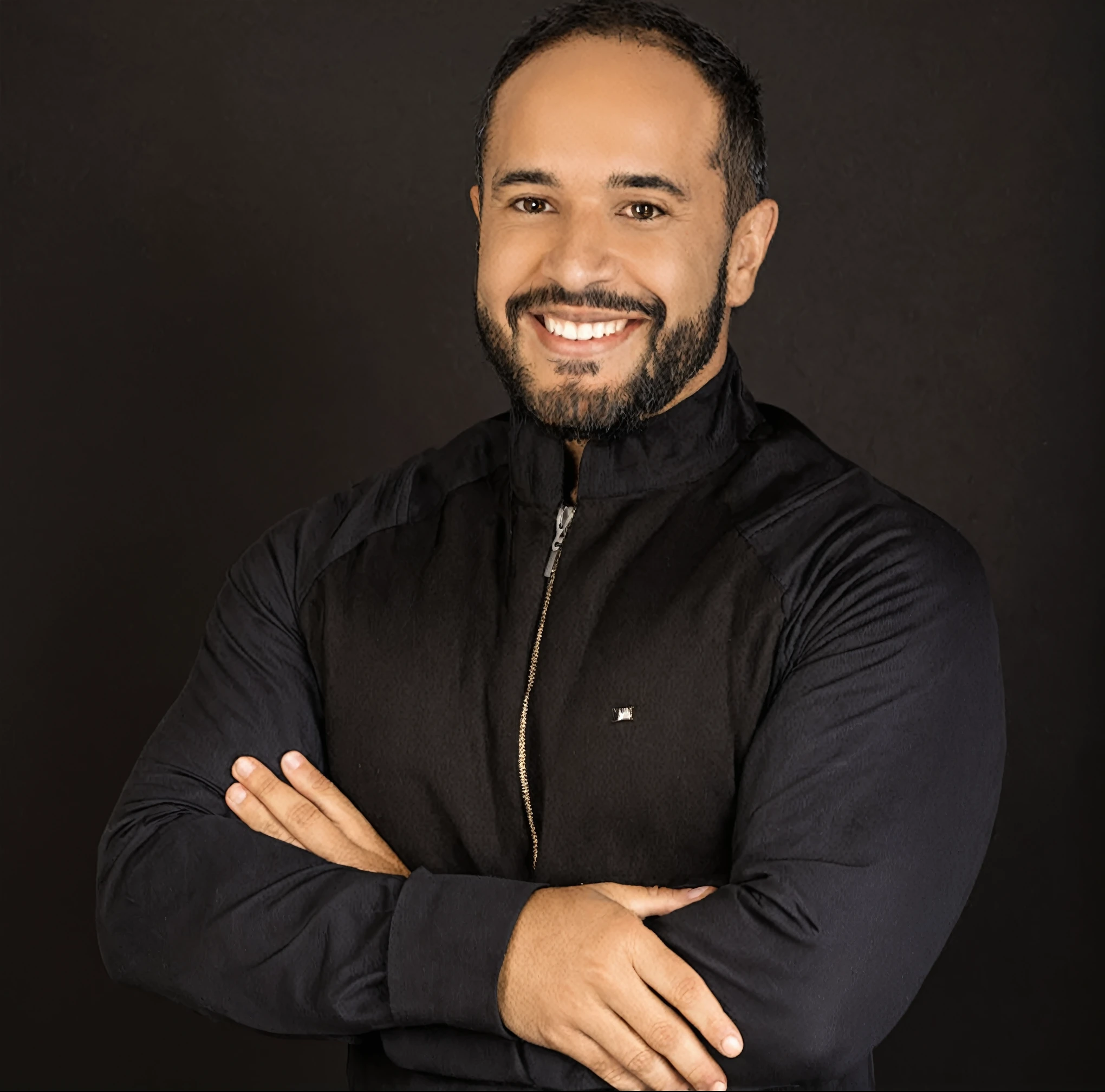 Man with arms crossed, sorrindo, dentes brancos