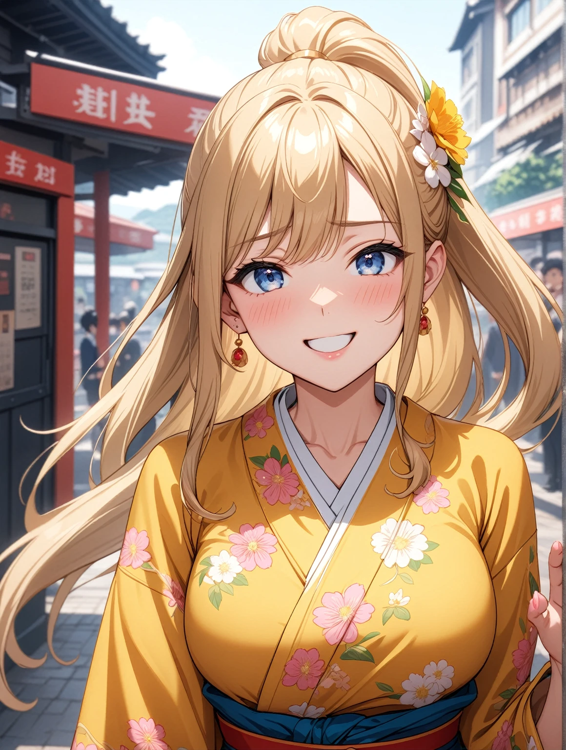 ((One woman)), Beautiful Face,Laughing embarrassedly,Blushing,Glossy pink lips,Daytime,Meet at the station ticket gate, ((Anime style background)),masterpiece, highest quality, so beautiful, up to date, Complex details, (Pink long nails),AI-generated, Complex,High resolution, highest quality, super high quality,3D Images、View the viewers、3D Images,one person,Long Blonde Hair,High Ponytail,blue eyes,Anime woman posing for a photo, [[Fine grain、Colorful eyes、Shining Eyes:1.15]],(Squint your eyes:1.1),a hyperRealistic , hyperRealistic , Realistic,Blonde anime woman with long hair, Smooth anime CG art, A woman in a colorful kimono with gold embroidery, Yellow kimono,Flower pattern kimono,Long flower hair ornament,Earrings,(Large Breasts:1.2),Mature Body,tall,Big Ass,Fine details,Narrow waist,Six-pack,Wave one hand towards the audience