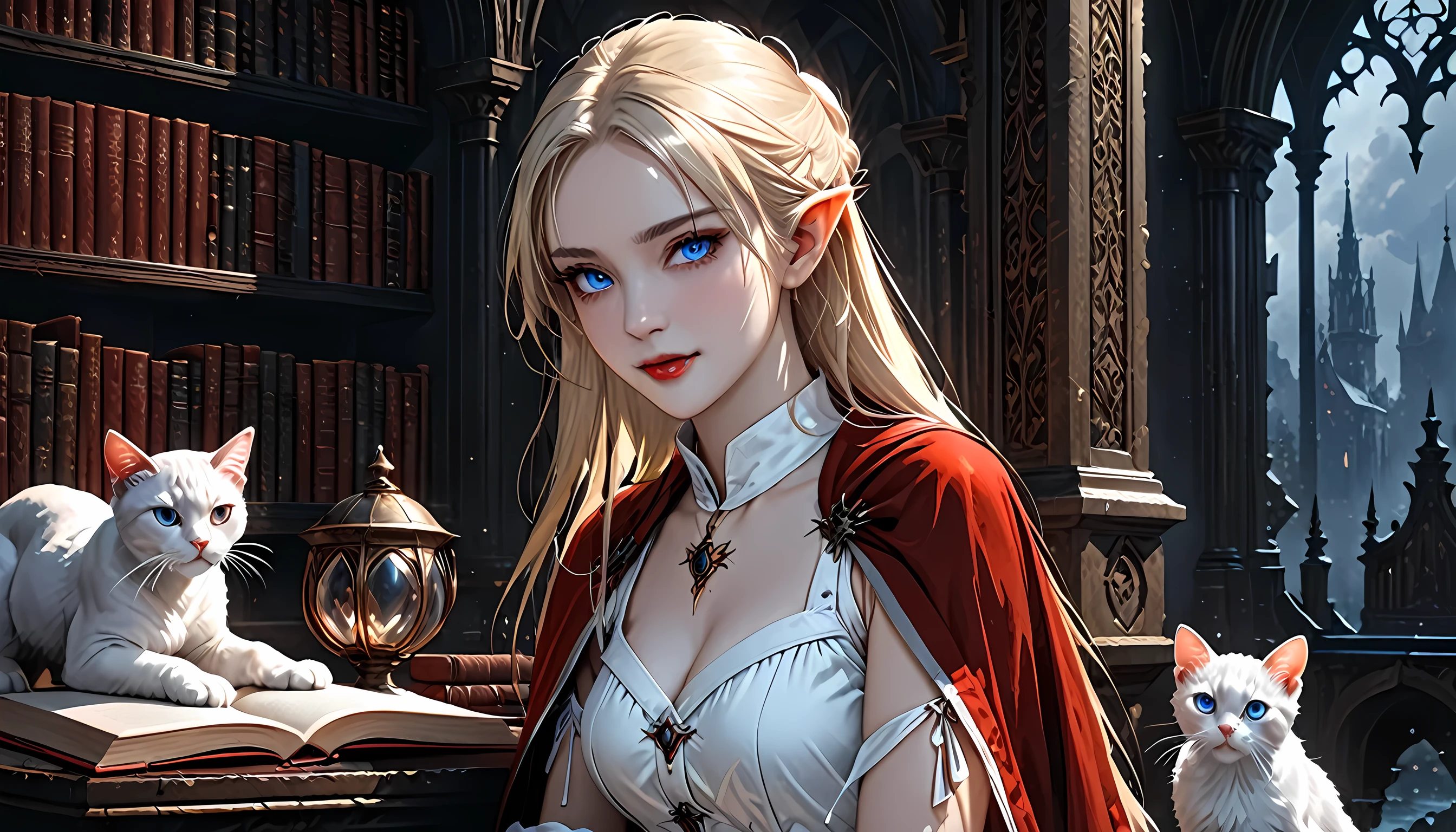 arafed a picture of elf vampire in her castle and her pet epic cat an exquisite beautiful female elf vampire (ultra details, Masterpiece, best quality), bloody mouth blond hair, pale skin, hair in a ponytail, long hair, blue eyes, cold eyes, smirking, wearing white dress (ultra details, Masterpiece, best quality), red cloak, in dark fantasy library, with an ((big cat: 1.3)) (ultra details, Masterpiece, best quality: 1.5) book shelves, arafed high details, best quality, 16k, [ultra detailed], masterpiece, best quality, (ultra detailed), full body, ultra wide shot, photorealism, RAW, dark fantasy art, gothic art, ArmoredDress, Dark Novel, Dark Art Painting Style