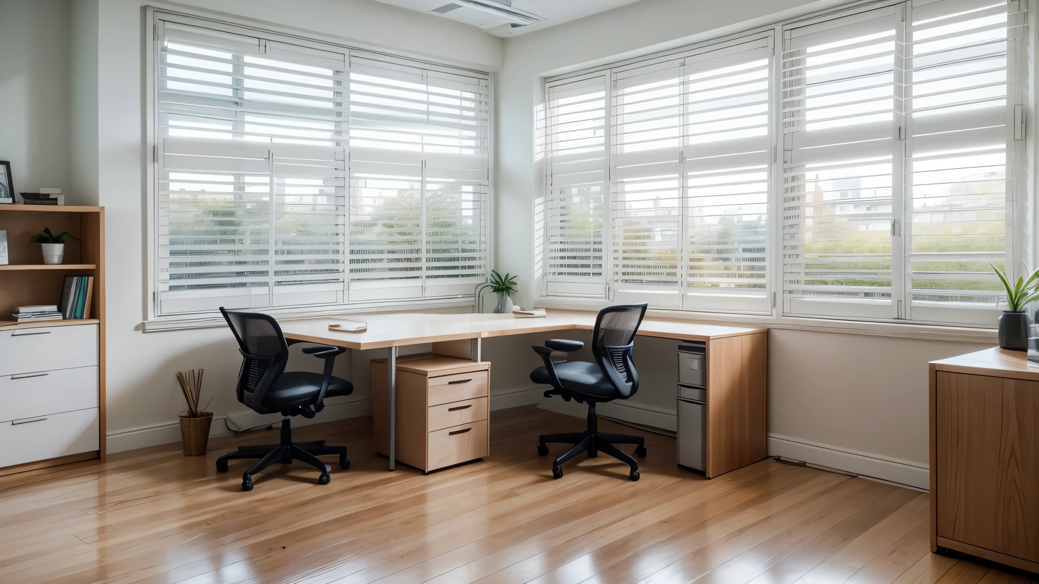 The spacious environment is a room in a modern office and, with white walls, a sophisticated wooden table, a window with shutters. The furniture is sophisticated and comfortable, with an immaculately organized work desk and ergonomic chair, a cozy living room with rays of sunlight
