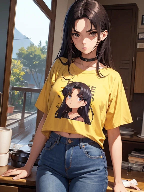 1 mujer, atuendo: Camiseta sin mangas, (((tapa amarilla))), (((jeans cortos))), ojos negros, cabello purpura, pelo medio, constituir, collar, alto, cuerpo delgado, misatokatsuragi (CON), (((misatokatsuragi))), adentro, sala de estar, (((vista frontal))), mirando al espectador, bonitos muslos, Cara perfectamente detallada, manos y dedos perfectamente detallados, Obra maestra 1.1, tendencia en artstation, calidad pixiv, (((arte de cjin))), intrincadamente detallado, ultra gráfica, SFW version, (((mqmf 1.1))),