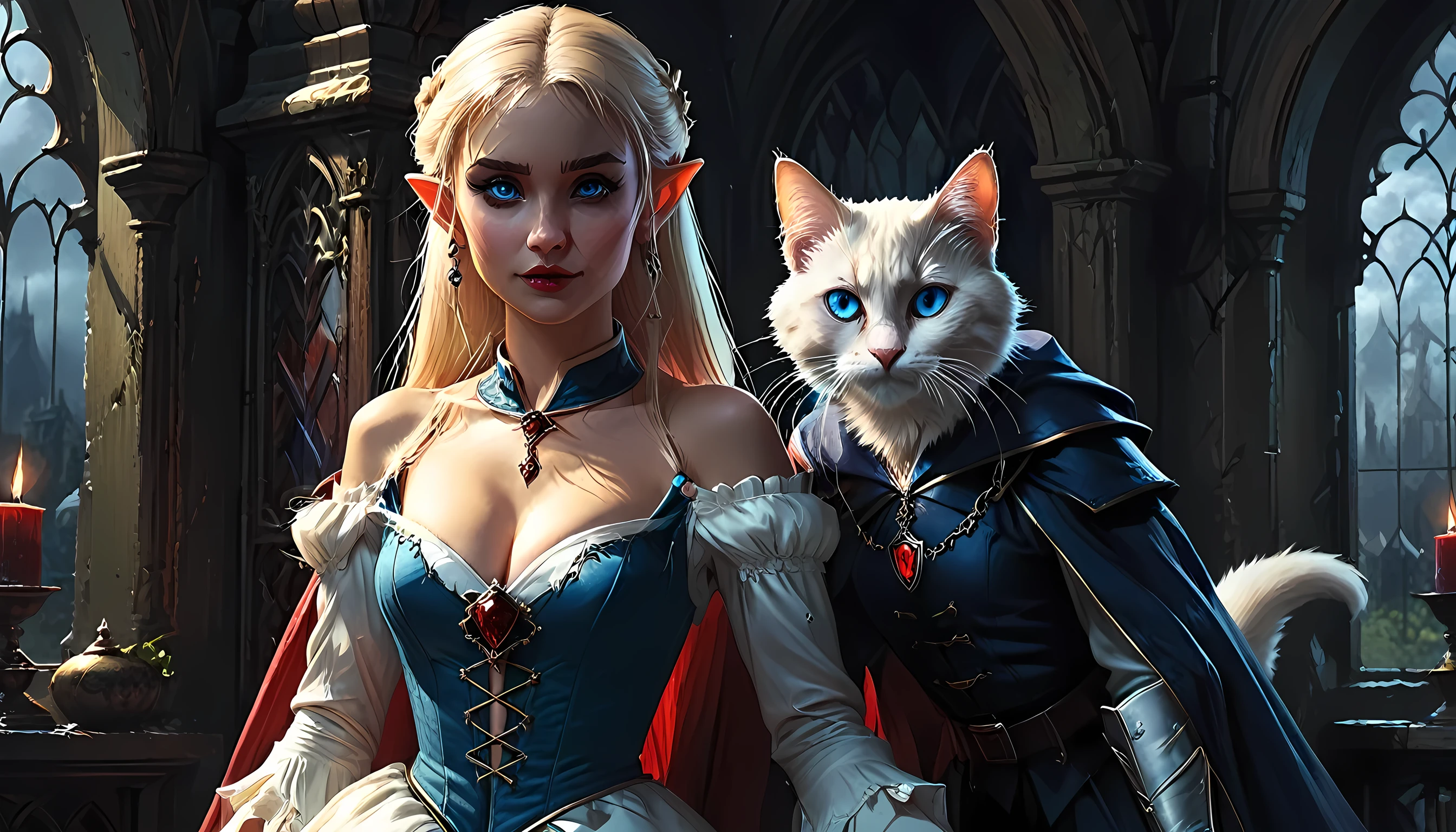 arafed a picture of elf vampire in her castle and her pet epic cat an exquisite beautiful female elf vampire (ultra details, Masterpiece, best quality), bloody mouth blond hair, pale skin, hair in a ponytail, long hair, blue eyes, cold eyes, smirking, wearing white dress (ultra details, Masterpiece, best quality), red cloak, in dark fantasy library, with an ((big cat: 1.3)) (ultra details, Masterpiece, best quality: 1.5) book shelves, arafed high details, best quality, 16k, [ultra detailed], masterpiece, best quality, (ultra detailed), full body, ultra wide shot, photorealism, RAW, dark fantasy art, gothic art, ArmoredDress, Dark Novel, Dark Art Painting Style
