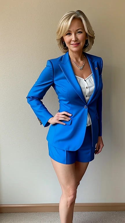 One 50 year old white mature woman、female teacher、Standing full body photo、
Gorgeous blonde hairstyle、Wearing a blue suit、She's wearing a pencil skirt and high heels、Huge breasts are saggy