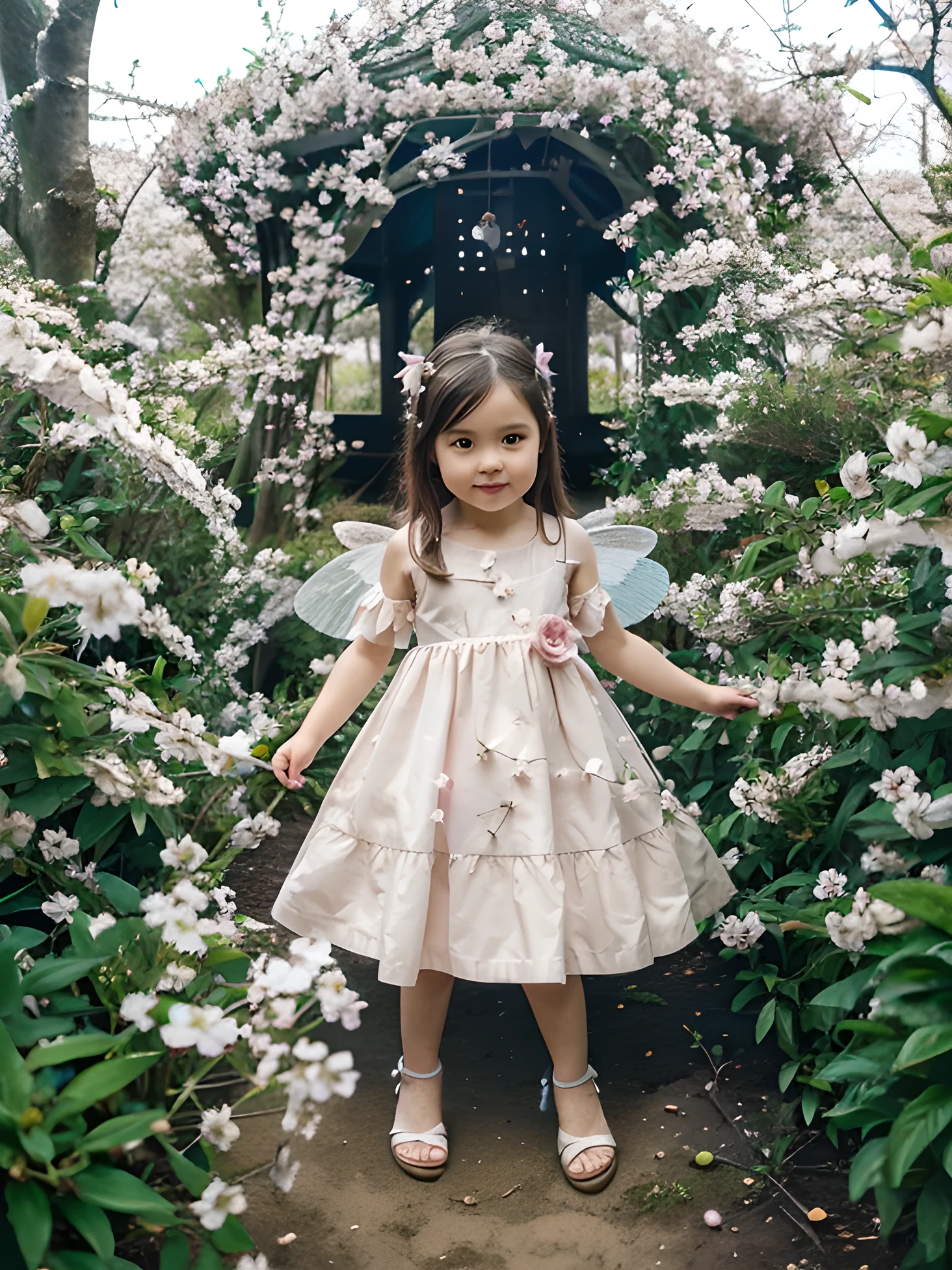 in a dress standing in a magical fairy garden, where the cherry blossoms