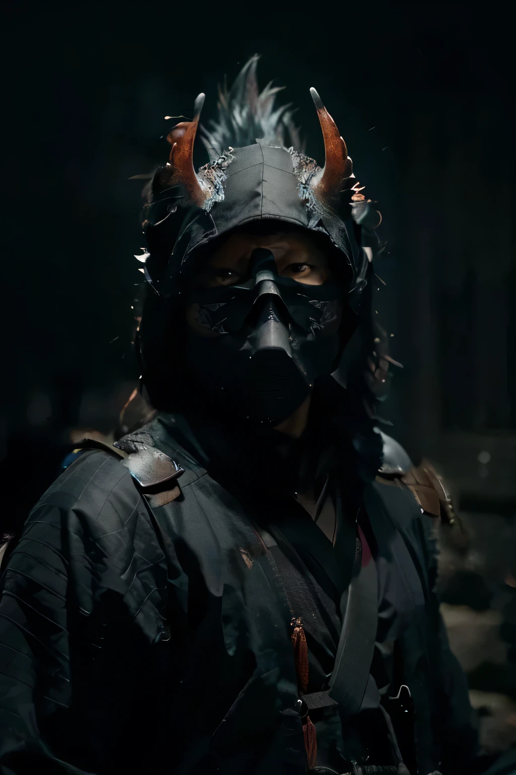 a ninja in black garb, stealthy movement, katana sword, masked face, dramatic lighting, dark shadows, intricate details, cinematic composition, digital art, hyperrealistic, 8k, dramatic colors, chiaroscuro lighting, masterpiece
